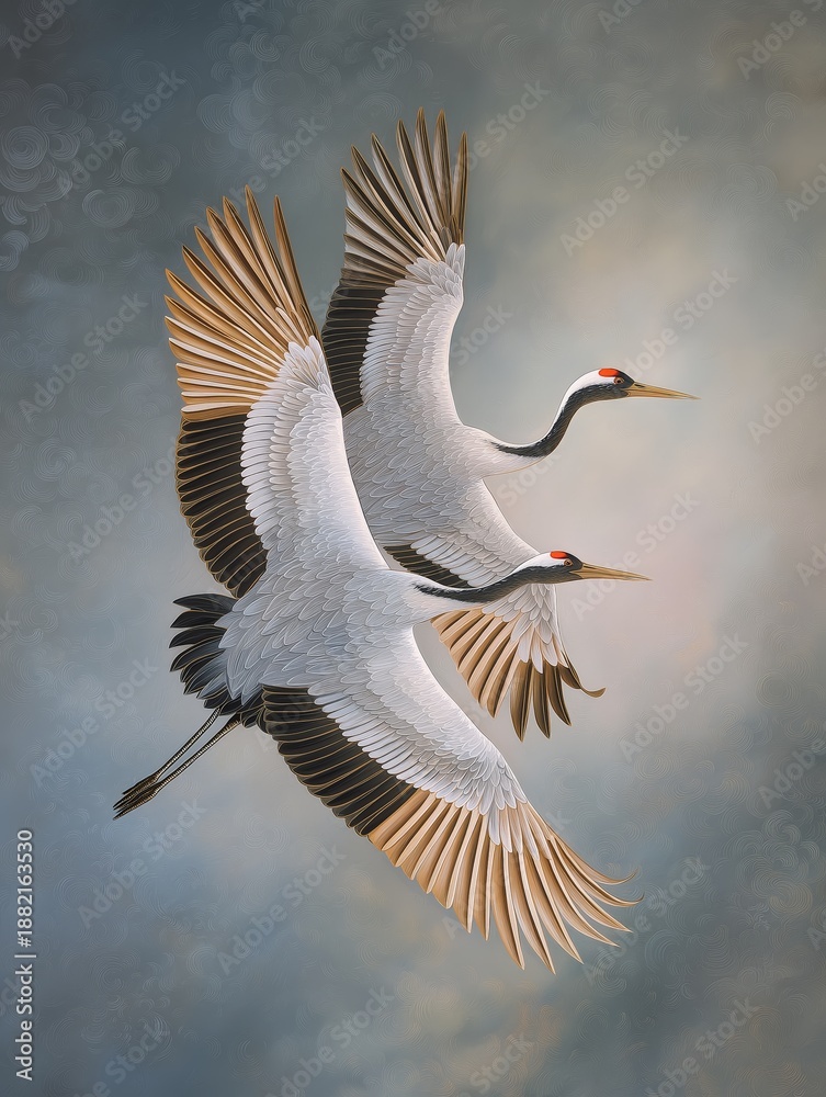 Fototapeta premium Cranes flying together in the sky during daylight with a soft background and clear feathers, wall art poster