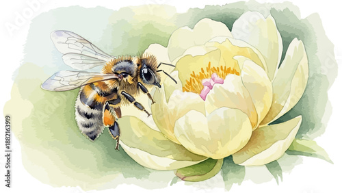 Realistic watercolor painting of fuzzy bumblebee pollinating large pale yellow peony flower showcasing nature and insect life in soft shades