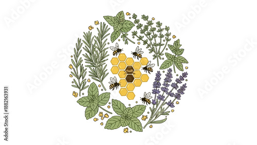 Circular design featuring honeycomb central element surrounded by various fresh green herbs like rosemary mint and lavender with busy honey bees