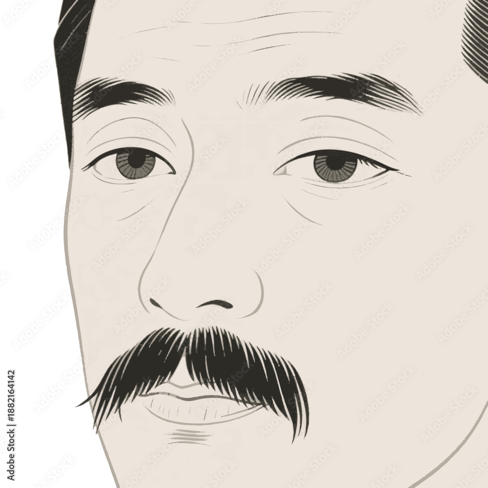 Fototapeta premium An illustration of a Japanese author. Novelist. Great writer. Showa retro. Monochrome illustration.
