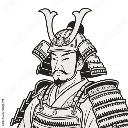 Simple illustration of a Japanese warrior. Minimal. Line art. Samurai. Sengoku period. Japanese. Zen. Topknot. Bushi.