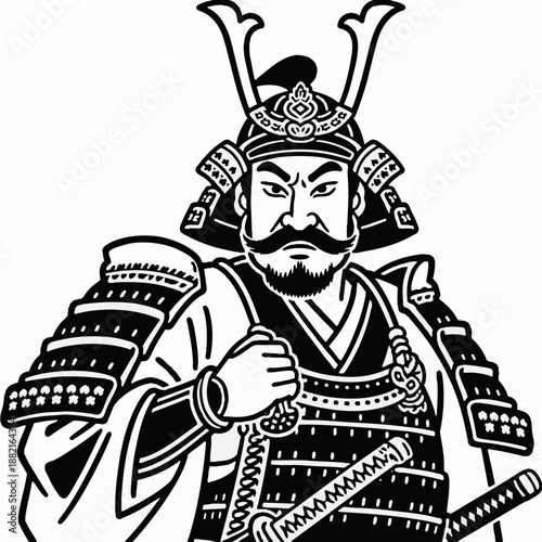 Simple illustration of a Japanese warrior. Minimal. Line art. Samurai. Sengoku period. Japanese. Zen. Topknot. Bushi.