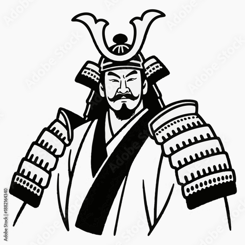 Simple illustration of a Japanese warrior. Minimal. Line art. Samurai. Sengoku period. Japanese. Zen. Topknot. Bushi.
