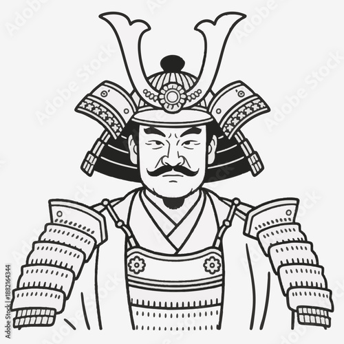 Simple illustration of a Japanese warrior. Minimal. Line art. Samurai. Sengoku period. Japanese. Zen. Topknot. Bushi.