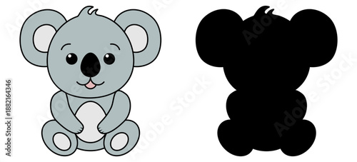 Koala bear character. Color and silhouette adorable animal. Vector illustration isolated on white.