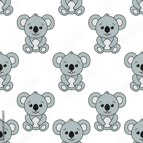 Cute koala bear character seamless pattern. Adorable Australian animal decoration. Vector illustration isolated on white.