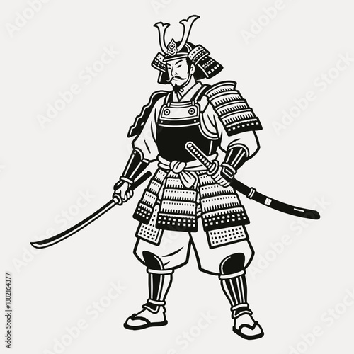 Simple illustration of a Japanese warrior. Minimal. Line art. Samurai. Sengoku period. Japanese. Zen. Topknot. Bushi.