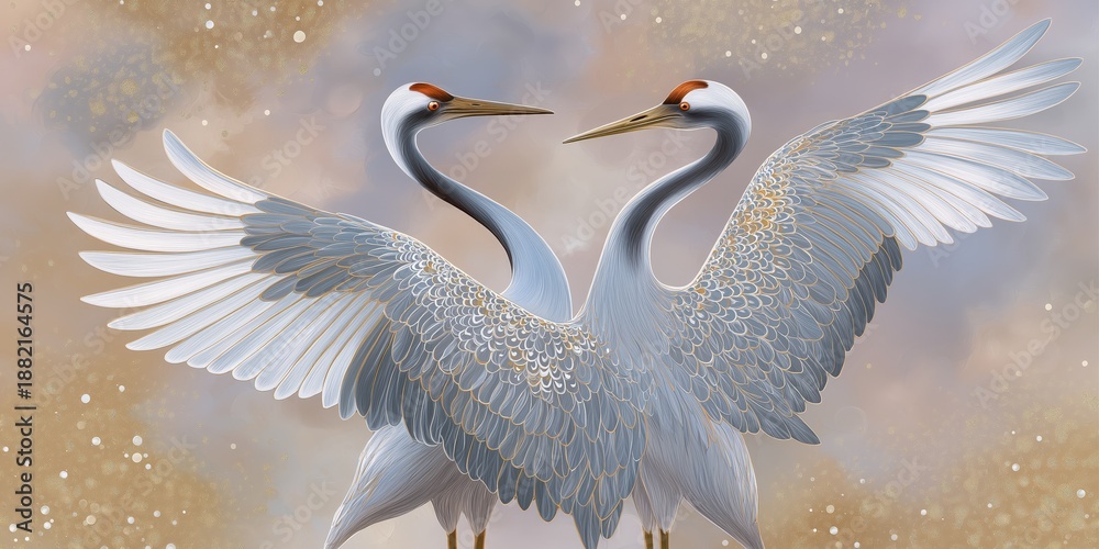 Fototapeta premium Two cranes display their wings in a graceful pose against a soft background during a calm moment in nature