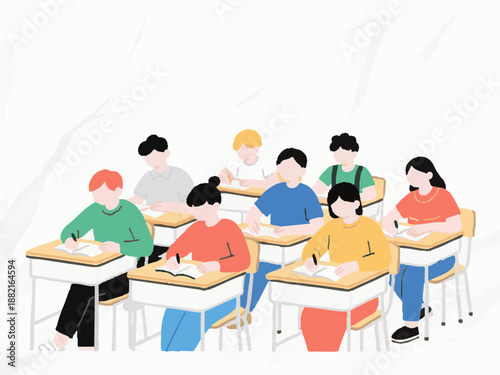 Simple illustrations of students enjoying a fun-filled school life. Studying. Reading. Classes. Self-study. Minimalistic. School. Student life. Colorful. Youth.