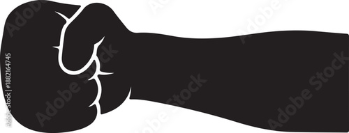 A black silhouette of a clenched fist on a white background