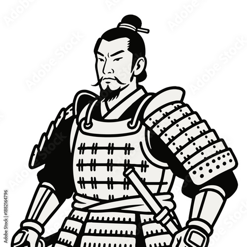 Simple illustration of a Japanese warrior. Minimal. Line art. Samurai. Sengoku period. Japanese. Zen. Topknot. Bushi.