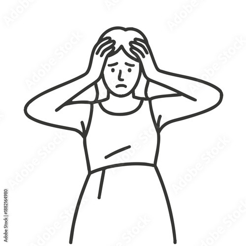 Simple illustration of a worried woman. Line art. Minimalist. Stress. Illness. Mental health. Loneliness. PMS. Hormonal imbalance.