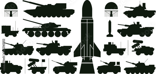 Military Weapons Silhouette Set with Tanks, Armored Vehicles, Missiles, Rockets, and Artillery Systems, Army Defense Equipment Collection Vector Illustration