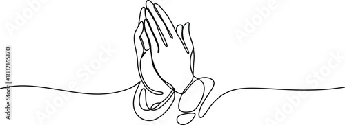 Minimalist line drawing of praying hands in continuous style, symbolizing gratitude, reflection, spirituality, and peaceful devotion in elegant black and white.