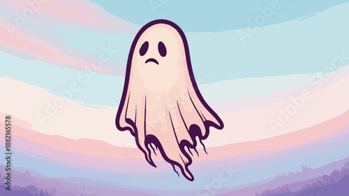 Sad Cartoon Ghost Floating in the Air with a Frowning Face.