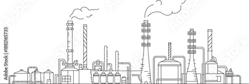 Industrial Factory Line Drawing with Chimneys, Pipes, and Storage Tanks, Chemical Plant and Oil Refinery Infrastructure, Manufacturing Industry Vector Illustration