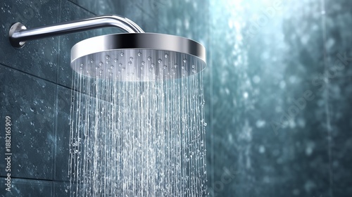Water flows from a shower head in a modern bathroom setting during daytime hours