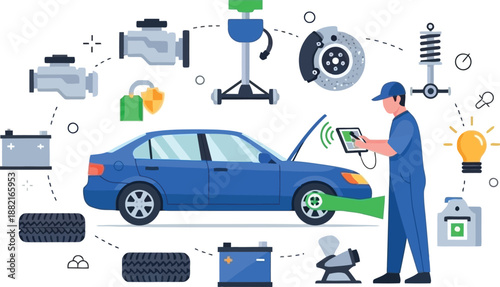 Car maintenance vector illustration with mechanic and car parts