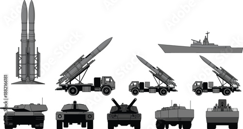 Modern Military Missile Launchers and Armored Vehicles Collection with Tanks, Rocket Systems, Trucks, and Naval Warship in Flat Vector Illustration