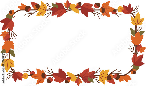 Beautifully designed autumnal frame adorned with a rich assortment of colorful fall leaves and acorns, creating a warm and inviting border for your seasonal graphic projects and invitations