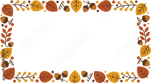 A charming and vibrant autumn border design featuring colorful fallen leaves, acorns, and berries, perfect for festive seasonal invitations, greeting cards, or decorative graphic framing