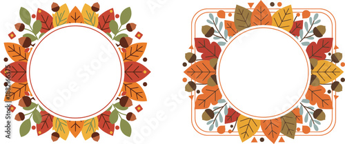 Beautiful autumn leaves and acorn decorative frames in circular and rounded square designs, perfect for seasonal greetings, invitations, and fall-themed projects