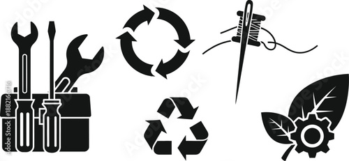 Collection of ecology and gardening icons showing recycle leaf and tools