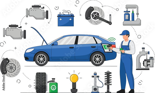 Mechanic inspecting car parts vector illustration