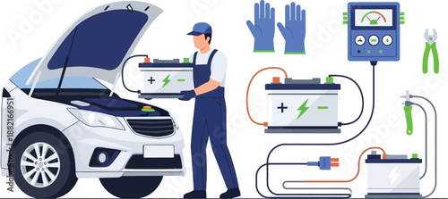 Mechanic replacing car battery vector illustration