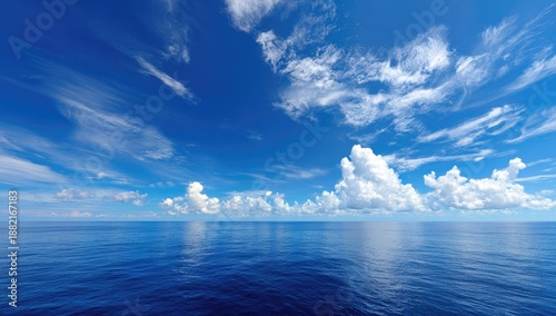 Vast blue ocean meets a sky filled with white, wispy clouds and cumulus formations