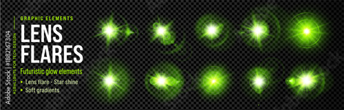 Lens flare light green with sparkle effect ray and background glow flash burst. Camera shine star with sun glare spark explosion and spotlight bright radiance.