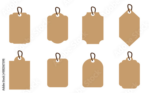 Collection of blank brown paper tags with metal loops