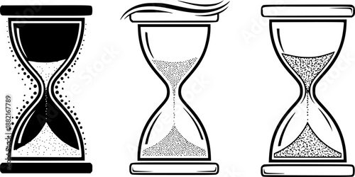 Set of four black hourglass icons in different styles on white background: solid silhouette, curved outline, dotted sand, triangular sand pattern, set
