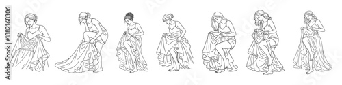 Women putting on wedding dresses, bridal preparation, vector illustration