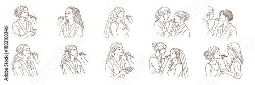 Asian women doing makeup and bridal preparation, vector illustration