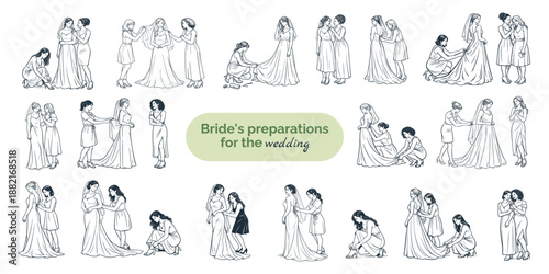 Bridesmaids helping bride dress for wedding day, vector illustration