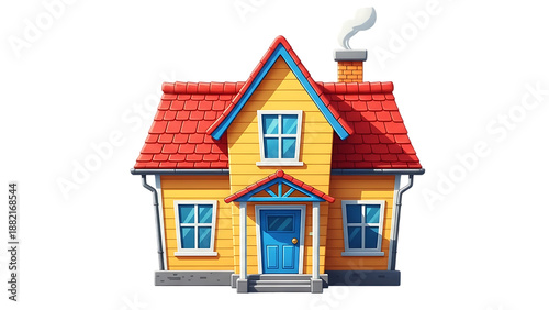 A colorful cartoon house with a red roof isolated on transparent background
