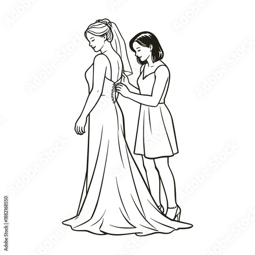 Bridesmaid helping bride button wedding dress, vector illustration