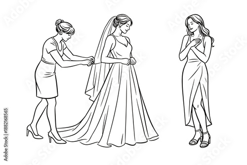 Bride getting ready with help from bridesmaid and friend, vector illustration