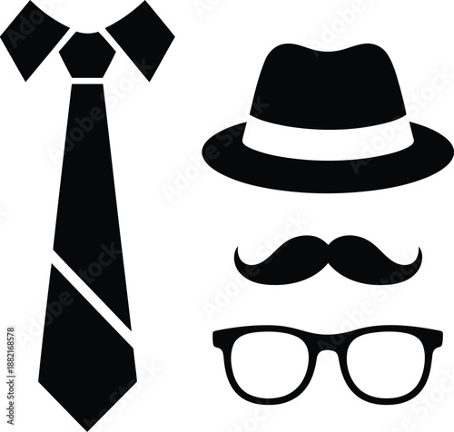 Mens fashion accessories silhouette set with tie fedora mustache and glasses