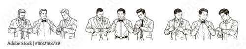 Multiracial groomsmen getting ready for wedding, vector illustration