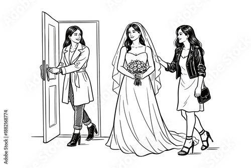 Modern bride welcomed by stylish friends, wedding vector illustration