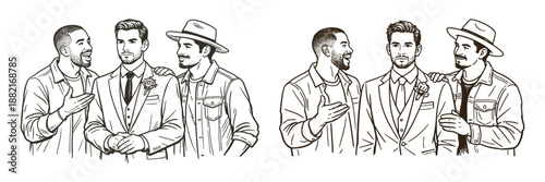 Groom with diverse friends before wedding, vector illustration