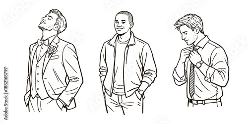 Men in wedding and casual attire preparing, vector illustration
