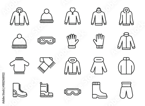 Set of winter clothing and gear line icons for cold weather protection