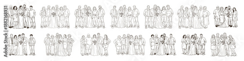 Multiple wedding group portraits featuring diverse families and friends, line art illustration