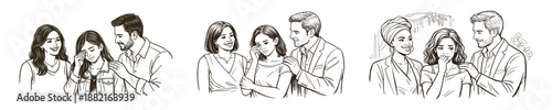 Emotional daughters comforted by loving parents during wedding ceremonies, vector illustration