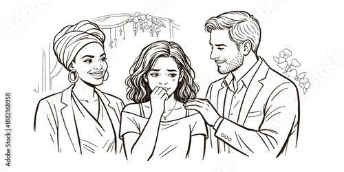 Worried daughter comforted by supportive parents at wedding ceremony, vector illustration