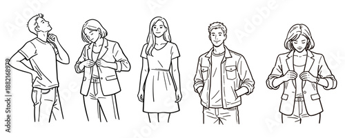 Group of casually dressed young adults in various poses, vector illustration