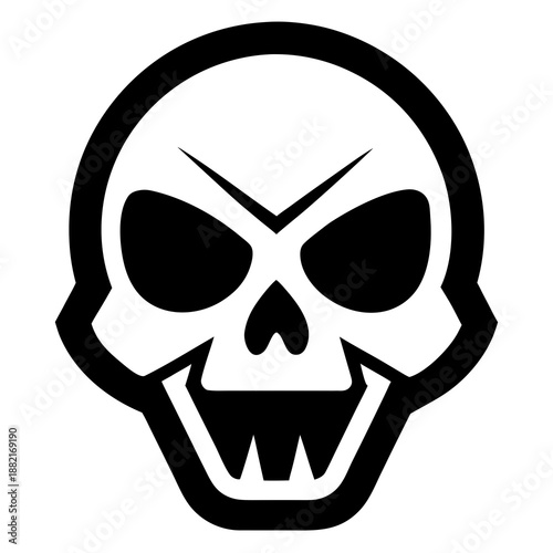 Title: A black and white of a stylized skull with hollow eyes and a wide grin